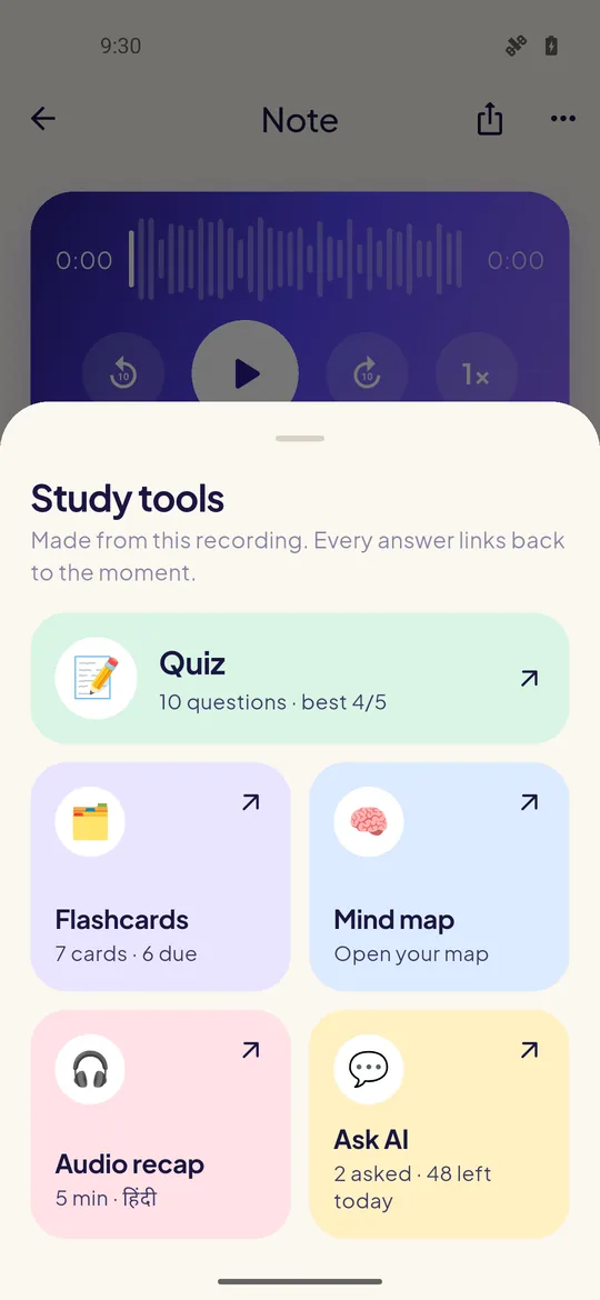 Study tools for a class: quiz, flashcards, mind map, audio recap and Ask AI