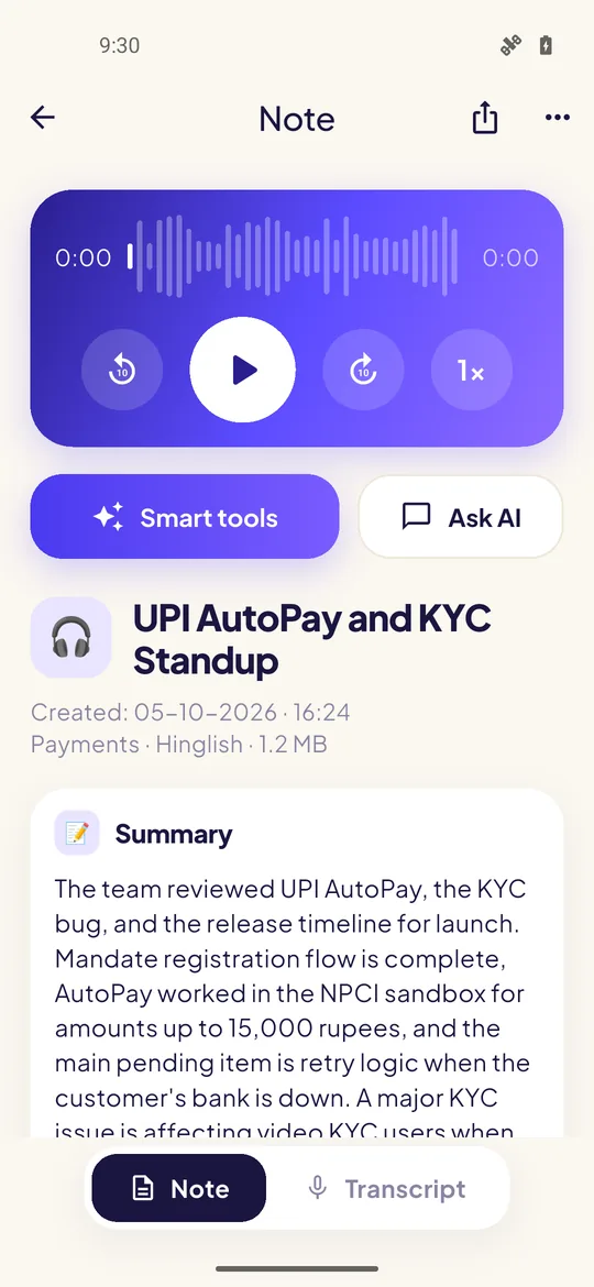Notes of a product standup with an audio player and a summary