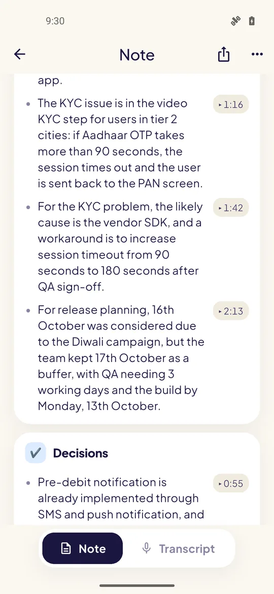Key points with timestamps and a Decisions section in meeting notes