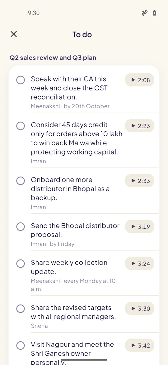 A to-do list of action items from a sales review, each with owner, due date and a time chip