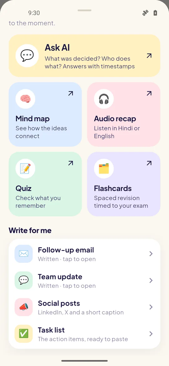 Smart tools for a meeting: Ask AI, mind map, audio recap, and Write for me with follow-up email, team update, social posts and task list